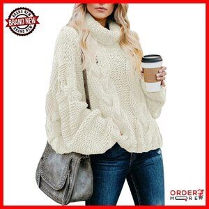 Chunky Cable Knit Turtleneck Sweater Oversized Pullover Winter Warm